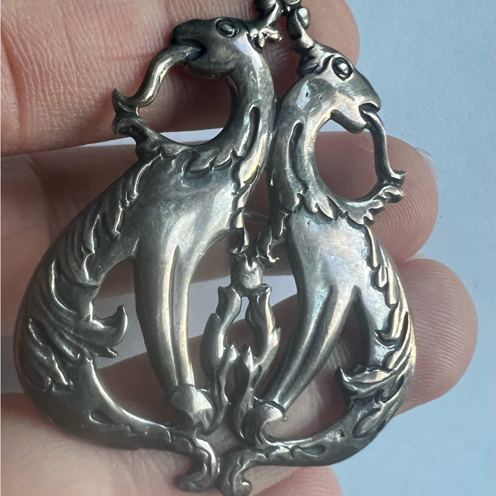 Vintage Sterling Silver Sea Griffin Double Dragon Necklace Pendant 9g